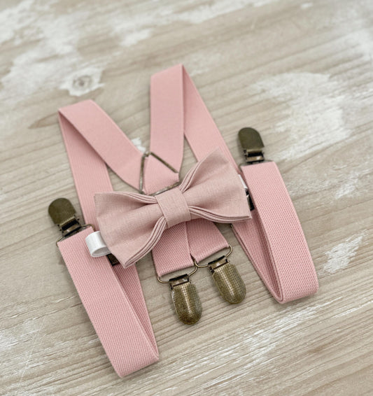 Vintage Rose Bow tie & Suspenders | Dusty Pink X - Back Braces | Linen Cameo BowTie | Ring Bearer Outfit | Boho Rustic Wedding