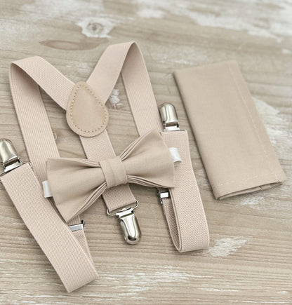 Biscotti Bow tie & Suspenders, Frost Braces, Frost Tan Bow, Pocket Square, Ring Bearer Outfit, Boho Rustic Wedding