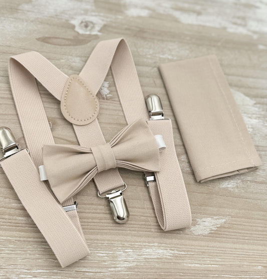 Biscotti Bow tie & Suspenders | Frost Braces | Frost Tan Bow | Pocket Square | Ring Bearer Outfit | Boho Rustic Wedding