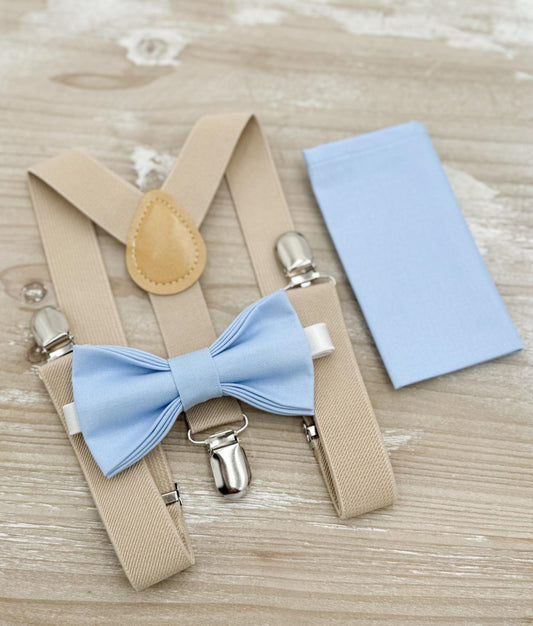 Ice Blue Bow tie & Suspenders | Champagne Tan Braces | Pocket Square | Ring Bearer Outfit | Boho Rustic Wedding Set