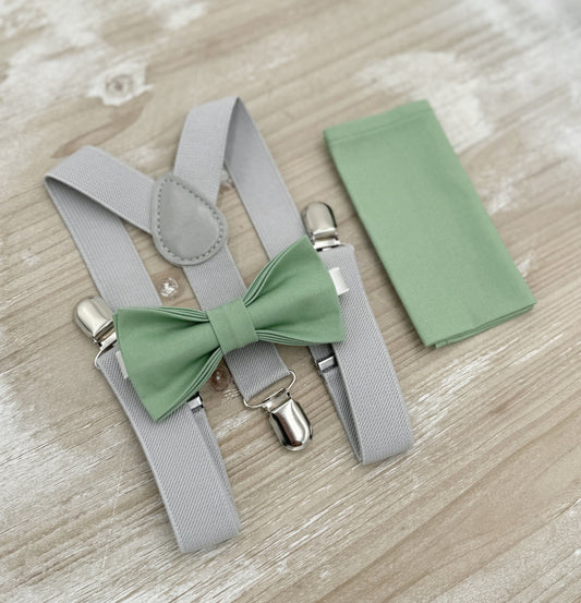 Matcha Bow tie & Suspenders | Light Gray Braces | Sage Meadow Green Bow | Pocket Square | Ring Bearer Outfit | Boho Rustic Wedding