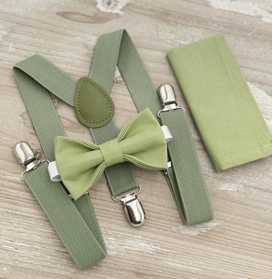 Pistachio Bow tie & Suspenders | Moss Braces | Eucalypt Suspenders | Pocket Square | Ring Bearer Outfit | Boho Rustic Wedding