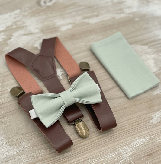 Dusty Sage Bow tie & Suspenders | Vegan Leather Suspenders | Pocket Square | Ring Bearer Outfit | Boho Wedding Set