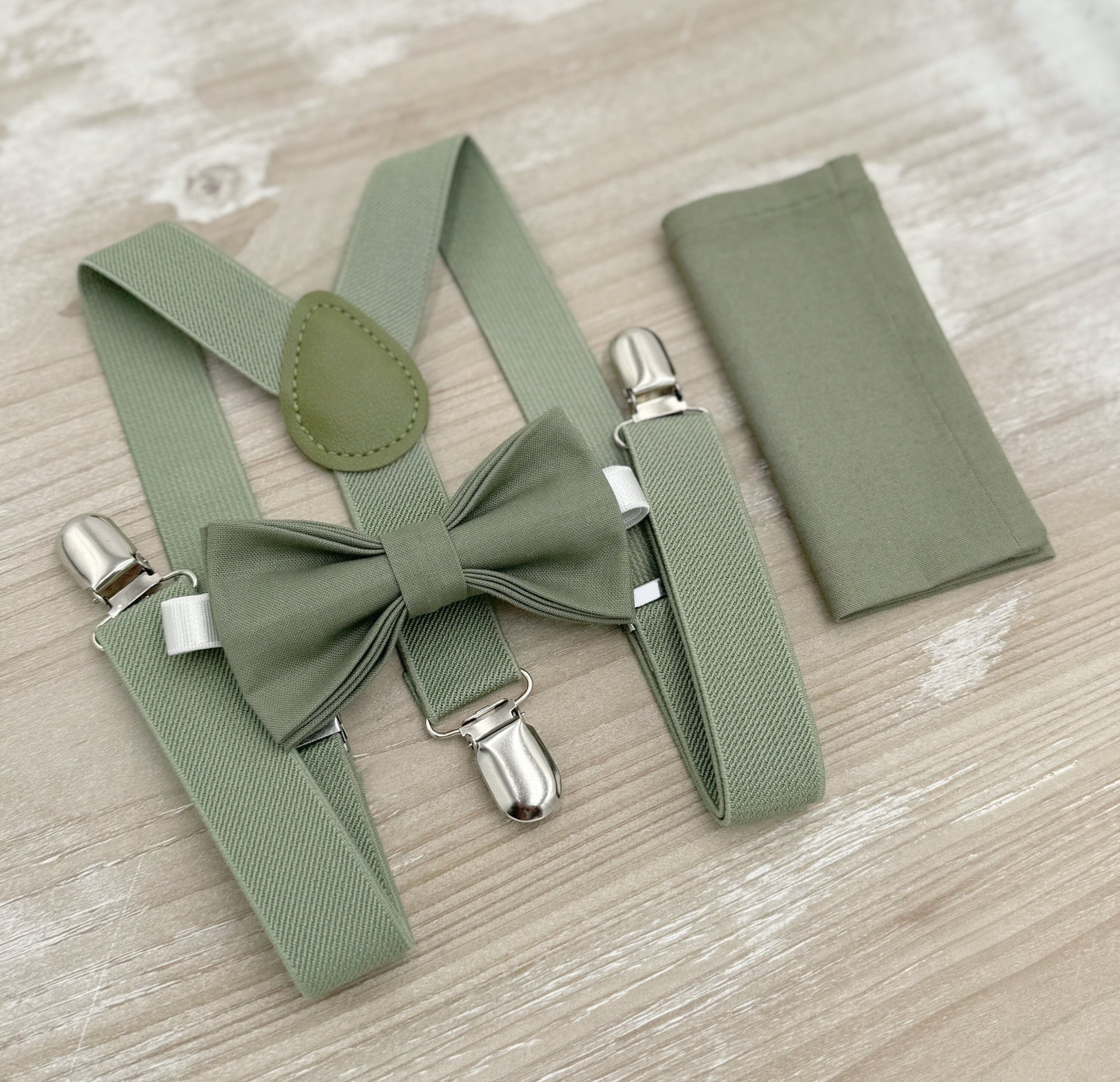 Moss Bow Tie & Suspenders – All Sizes for Men and Boys, Pocket Square, Ring Bearer Groomsman Gift, Rustic Wedding Set