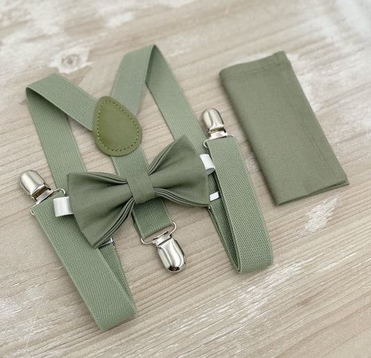 Moss Bow Tie & Suspenders – All Sizes for Men and Boys, Pocket Square, Ring Bearer Groomsman Gift, Rustic Wedding Set