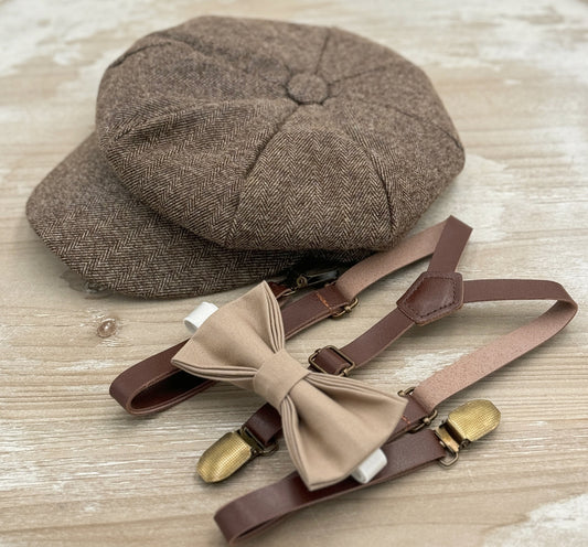 Tweed Newsboy Cap | Skinny Leather Suspenders | Light Taupe Bow Tie | Ring Bearer Outfit | Cake Smash Outfit | Page Boy Cap | Wedding Set