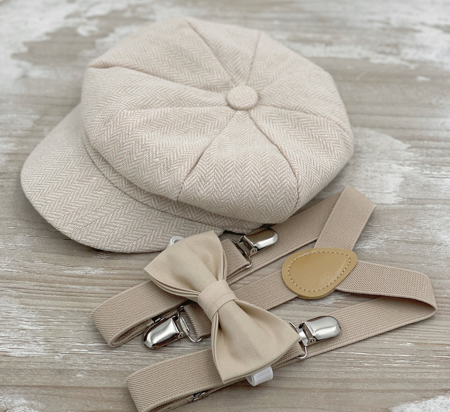 Newsboy Cap, Suspenders, Champagne Bow Tie, Ring Bearer Outfit, Cake Smash Outfit, Page Boy Cap, Wedding Set, Tan Applejack Hat