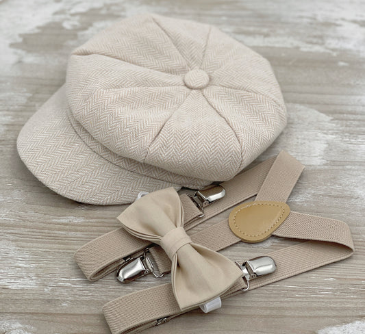 Newsboy Cap, Suspenders, Champagne Bow Tie, Ring Bearer Outfit, Cake Smash Outfit, Page Boy Cap, Wedding Set, Tan Applejack Hat