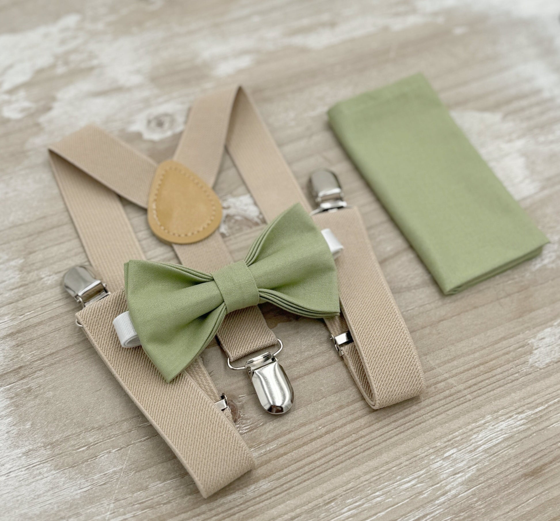 Pistachio Bow tie & Suspenders | Champagne Tan Braces | Pocket Square | Ring Bearer Outfit | Boho Rustic Wedding | Groomsman Gift