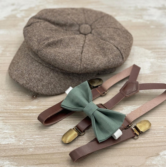 Tweed Newsboy Cap | Skinny Leather Suspenders | Eucalyptus Bow Tie | Ring Bearer Outfit | Cake Smash Outfit | Page Boy Cap | Wedding Set