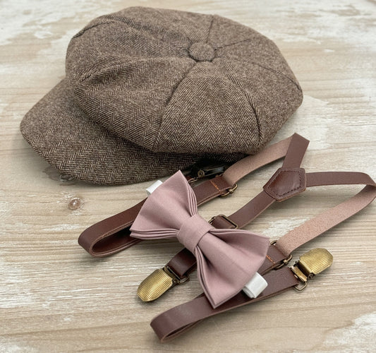 Tweed Newsboy Cap | Skinny Leather Suspenders | Dusty Mauve Bow Tie | Ring Bearer Outfit | Cake Smash Outfit | Page Boy Cap | Wedding Set