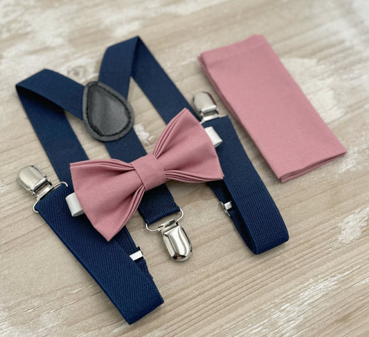 Dusty Rose Bow Tie & Suspenders – All Sizes for Men and Boys, Navy Braces, Pocket Square, Ring Bearer, Groomsman Gift, Boho Barn Wedding