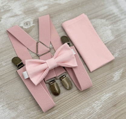 Blush Bow tie & Suspenders, Dusty Pink X - Back Braces, Petal Bow Tie, Blushing Bow, Pocket Square, Ring Bearer Outfit, Boho Wedding