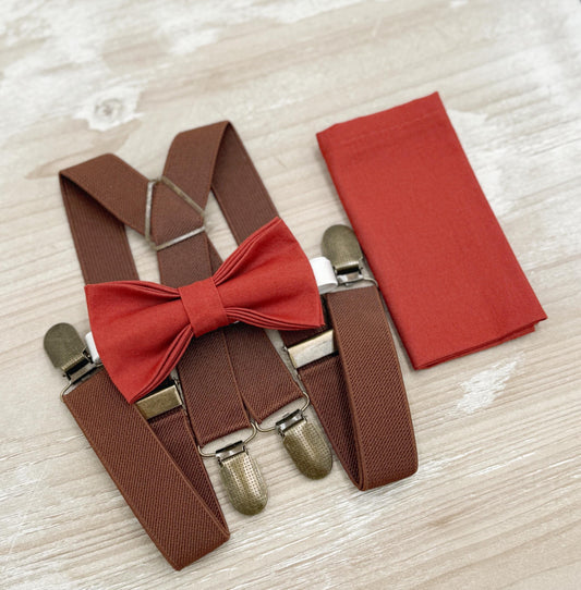 Terracotta Bow tie & Suspenders | Brown X - Back Braces | Cinnamon Bowtie | Pocket Square | Ring Bearer Outfit | Boho Rustic Wedding