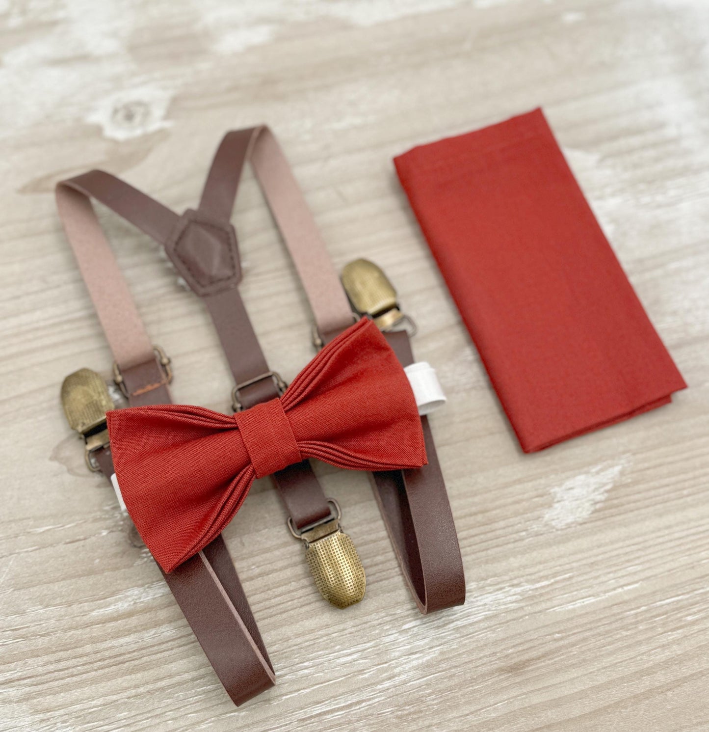 Terracotta Bow tie & Suspenders | Skinny Leather Braces | Cinnamon Bowtie | Pocket Square | Ring Bearer Outfit | Boho Rustic Wedding
