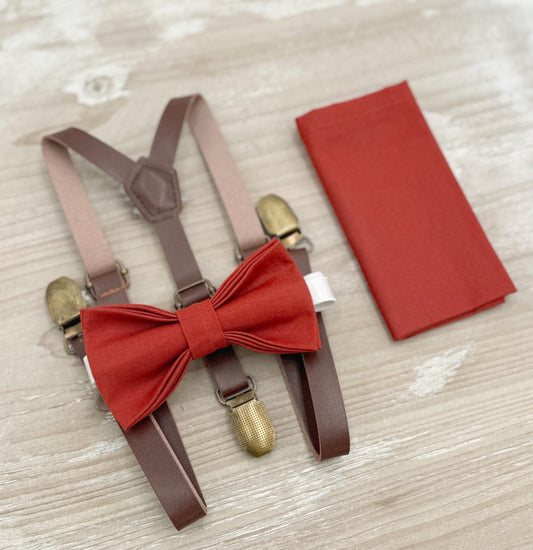 Terracotta Bow tie & Suspenders | Skinny Leather Braces | Cinnamon Bowtie | Pocket Square | Ring Bearer Outfit | Boho Rustic Wedding