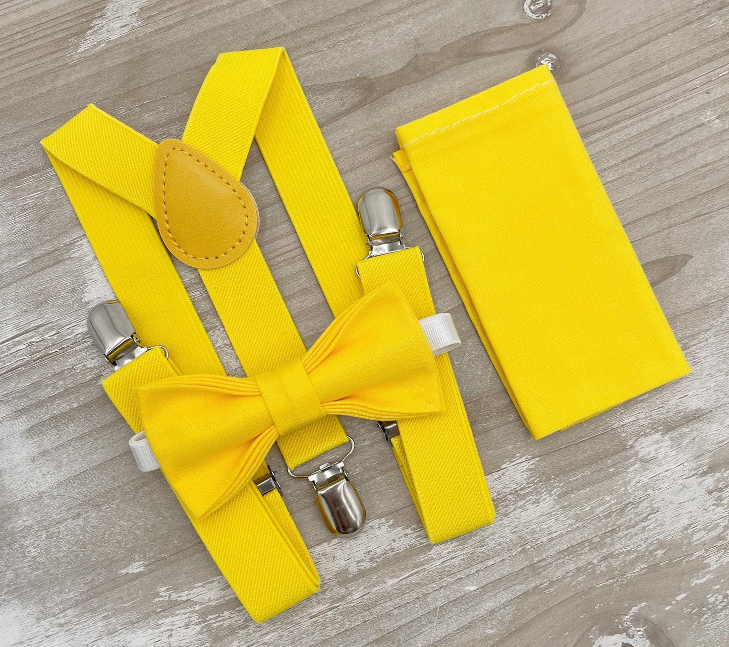 Yellow Bow tie & Suspenders, Pocket Square, Ring Bearer Outfit, Boho Rustic Wedding