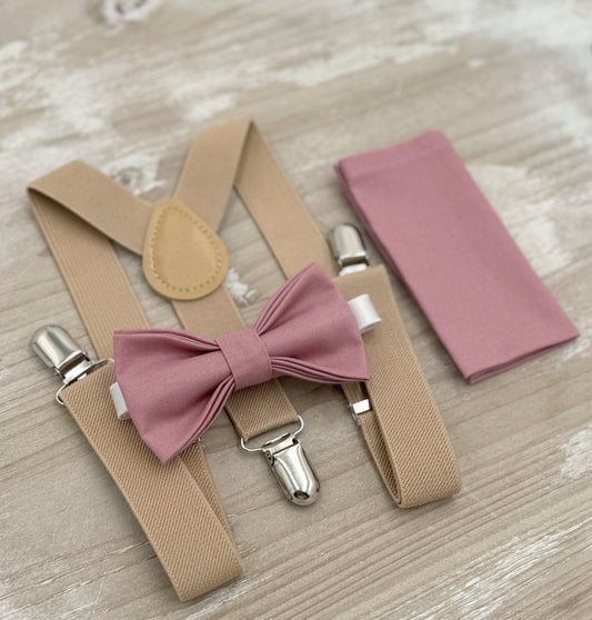 Dusty Rose Bow Tie & Suspenders – All Sizes for Men and Boys, Beige Braces, Pocket Square, Ring Bearer, Groomsman Gift, Boho Barn Wedding