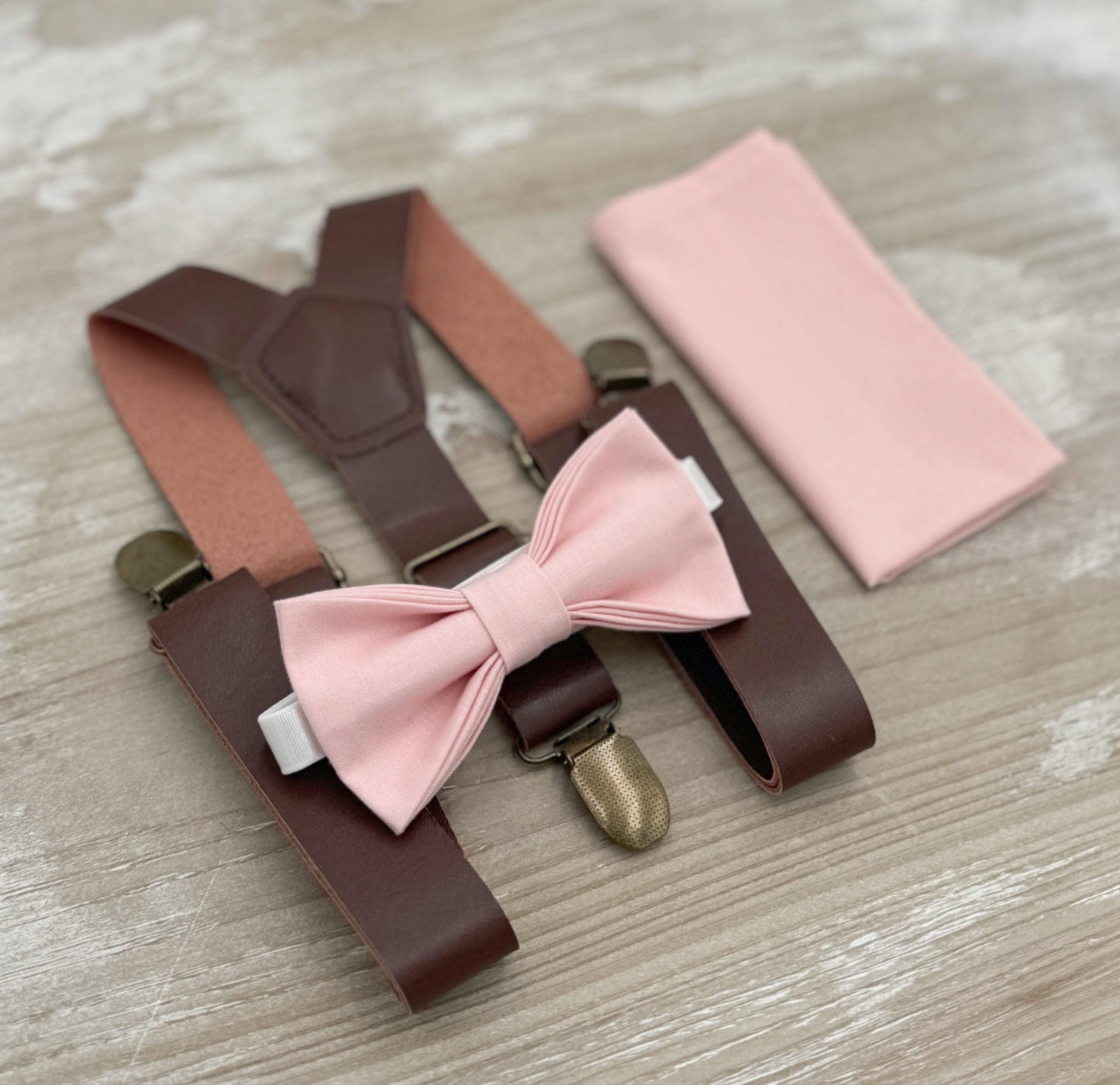 Blush Bow tie & Suspenders, Vegan Leather Braces, Petal Bow Tie, Pocket Square, Ring Bearer Outfit, Boho Wedding