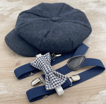 Tweed Newsboy Cap, Navy Blue Applejack Hat, Suspenders, Plaid Bow Tie, Ring Bearer Outfit, Cake Smash Outfit, Page Boy Wedding Set