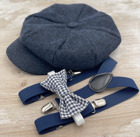Tweed Newsboy Cap, Navy Blue Applejack Hat, Suspenders, Plaid Bow Tie, Ring Bearer Outfit, Cake Smash Outfit, Page Boy Wedding Set