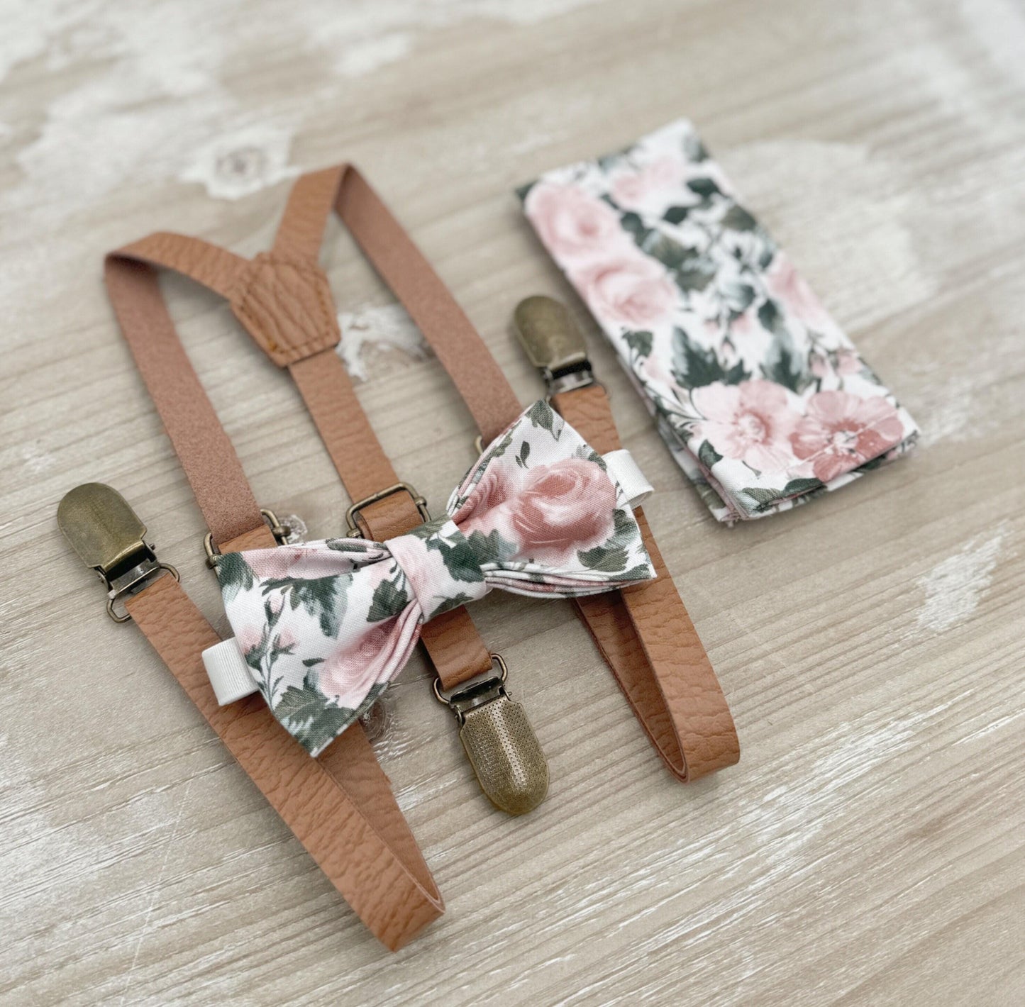 Floral Bow tie & Skinny Vegan Leather Suspenders | Dusty Rose Bow | Pocket Square | Ring Bearer Outfit | Boho Wedding | Groomsman Gift