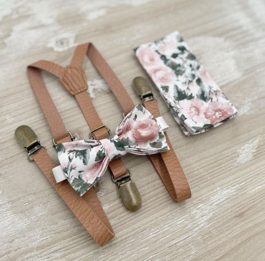 Floral Bow tie & Skinny Vegan Leather Suspenders | Dusty Rose Bow | Pocket Square | Ring Bearer Outfit | Boho Wedding | Groomsman Gift