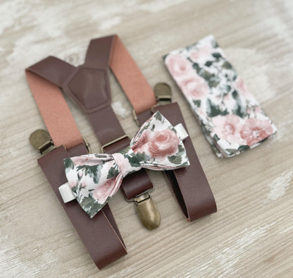 Floral Bow tie & Vegan Leather Suspenders, Dusty Rose Bow Tie, Pocket Square, Ring Bearer Outfit, Boho Wedding, Groomsman Gift