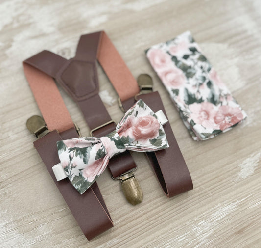 Floral Bow tie & Vegan Leather Suspenders, Dusty Rose Bow Tie, Pocket Square, Ring Bearer Outfit, Boho Wedding, Groomsman Gift
