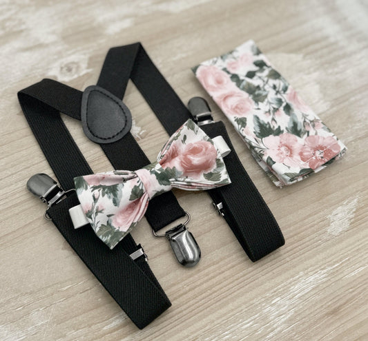 Floral Bow tie & Suspenders | Black Braces | Dusty Rose Bow Tie | Pocket Square | Ring Bearer Outfit | Boho Wedding | Groomsman Gift