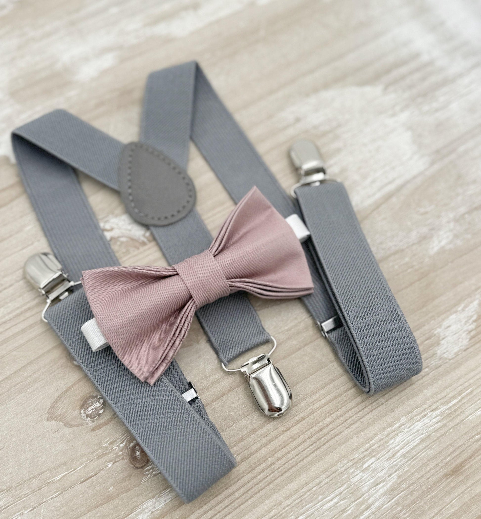 Dusty Mauve Bow tie & Suspenders | Gray Braces | Quartz Bowtie | Pocket Square | Ring Bearer Outfit | Boho Rustic Wedding