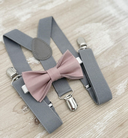 Dusty Mauve Bow tie & Suspenders | Gray Braces | Quartz Bowtie | Pocket Square | Ring Bearer Outfit | Boho Rustic Wedding