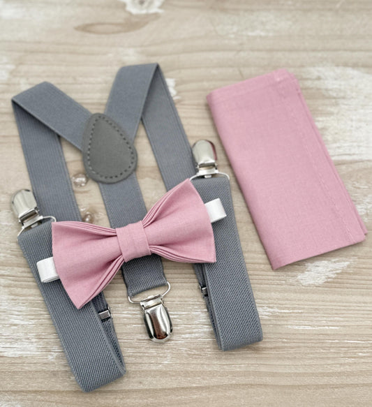Vintage Mauve Bow Tie & Suspenders – All Sizes for Men and Boys, Gray Braces, Quartz Bowtie, Pocket Square, Ring Bearer, Boho Rustic Wedding