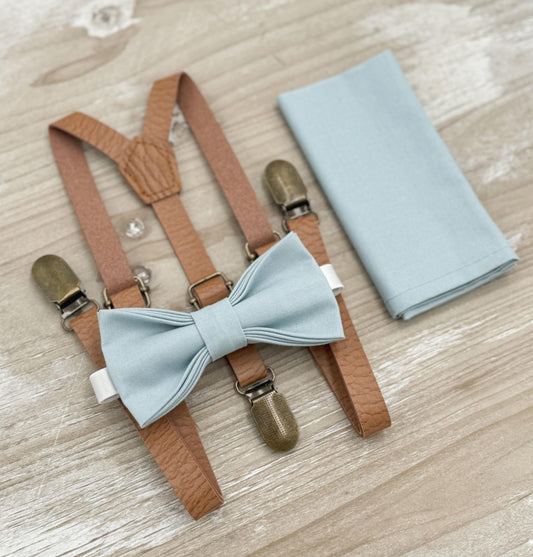 Mist Bow tie & Suspenders | Skinny Leather Braces | Sky Blue Bow | Dusty Blue Bowtie | Pocket Square | Ring Bearer Wedding Outfit