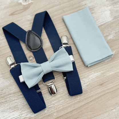 Mist Bow tie & Suspenders | Navy Marine Braces | Sky Blue Bow | Dusty Blue Bowtie | Pocket Square | Ring Bearer Outfit | Boho Rustic Wedding