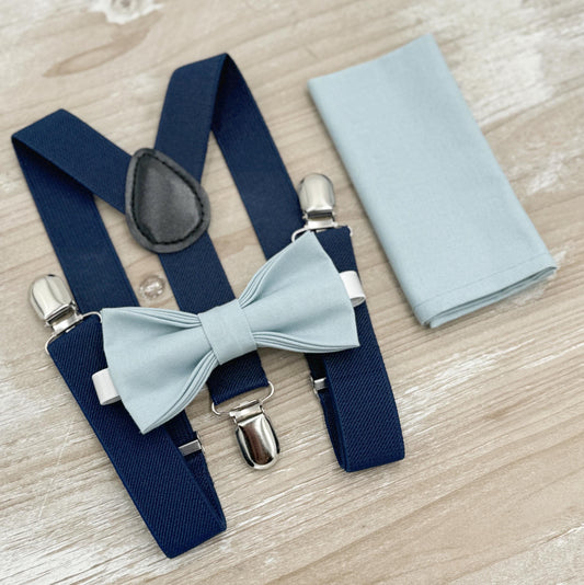 Mist Bow tie & Suspenders | Navy Marine Braces | Sky Blue Bow | Dusty Blue Bowtie | Pocket Square | Ring Bearer Outfit | Boho Rustic Wedding