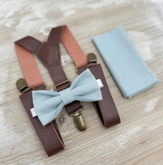Mist Bow tie & Suspenders | Leather Braces | Sky Blue Bow | Dusty Blue Bowtie | Pocket Square | Ring Bearer Outfit | Boho Rustic Wedding Set