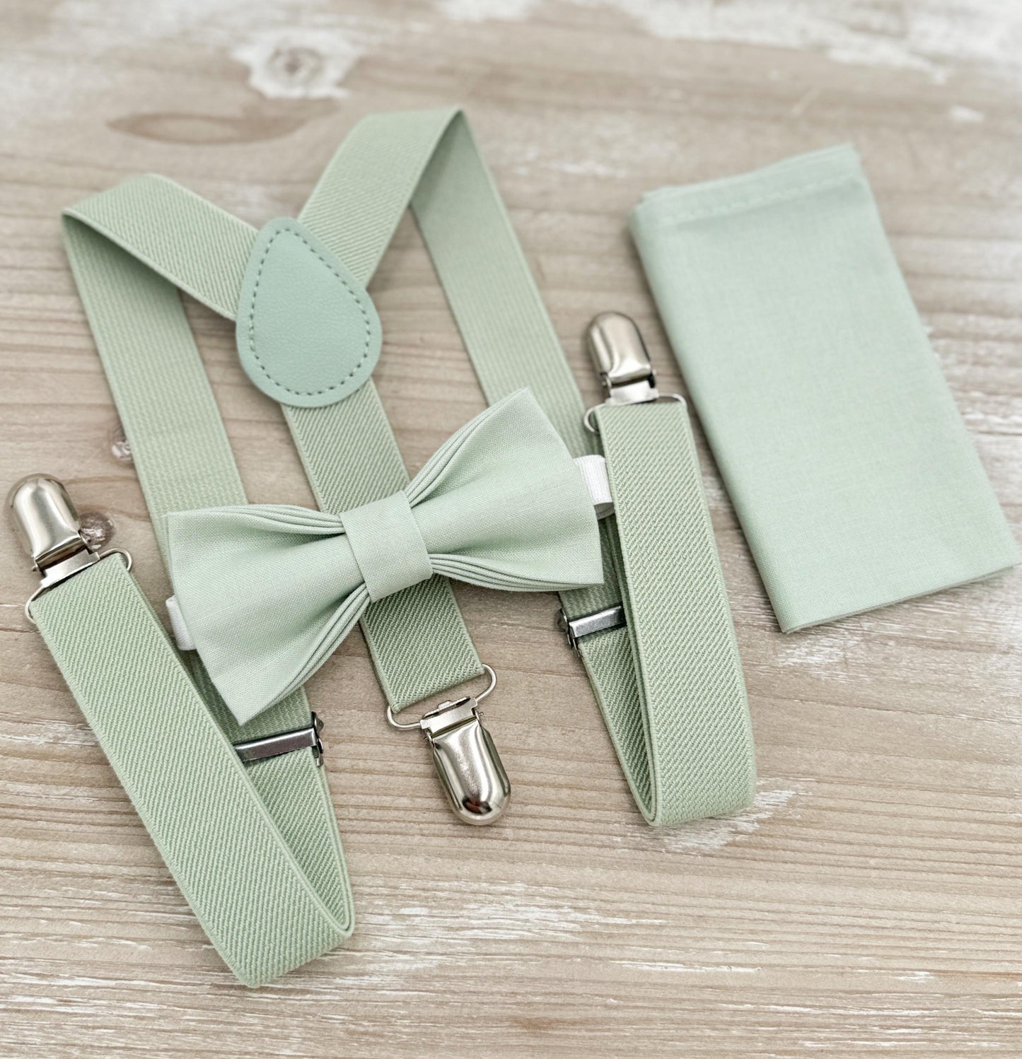 Dusty Sage Bow tie & Suspenders, Pocket Square, Ring Bearer Outfit, Boho Rustic Wedding