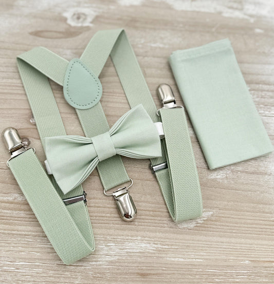 Dusty Sage Bow tie & Suspenders, Pocket Square, Ring Bearer Outfit, Boho Rustic Wedding