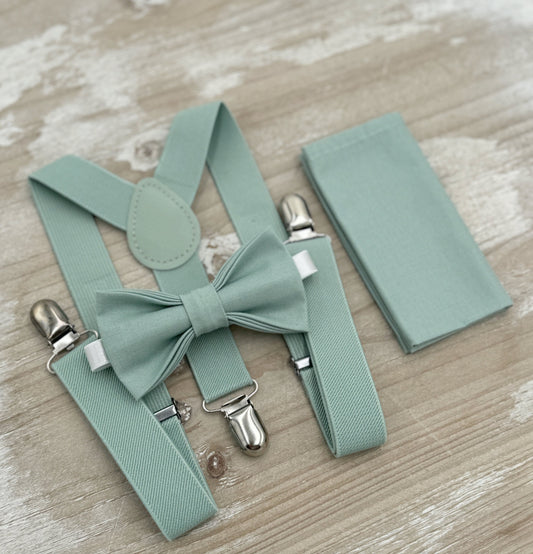 Dusty Sage Bow Tie & Suspenders – Ring Bearer Outfit, All Sizes Baby to Adult, Groomsman Gift, Pocket Square, Boho Wedding Set