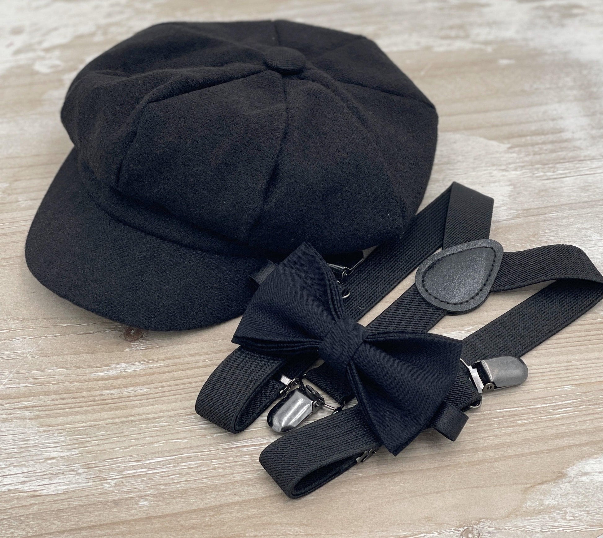 Tweed Newsboy Cap | Black Suspenders | Bow Tie | Ring Bearer Outfit | Cake Smash Outfit | Page Boy Cap | Fall Winter Wedding Set