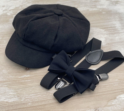 Tweed Newsboy Cap | Black Suspenders | Bow Tie | Ring Bearer Outfit | Cake Smash Outfit | Page Boy Cap | Fall Winter Wedding Set