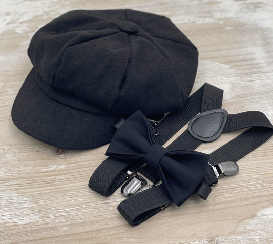 Tweed Newsboy Cap | Black Suspenders | Bow Tie | Ring Bearer Outfit | Cake Smash Outfit | Page Boy Cap | Fall Winter Wedding Set