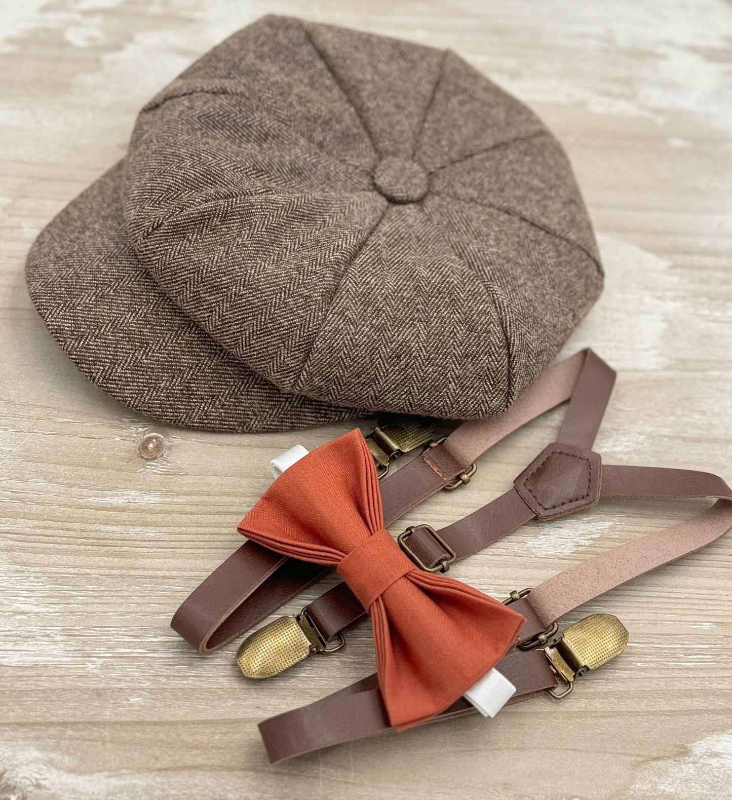 Tweed Newsboy Cap | Skinny Leather Suspenders | Paprika Bow Tie | Sienna Bow | Ring Bearer Outfit | Cake Smash Outfit | Wedding Set