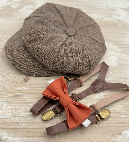 Tweed Newsboy Cap | Skinny Leather Suspenders | Paprika Bow Tie | Sienna Bow | Ring Bearer Outfit | Cake Smash Outfit | Wedding Set