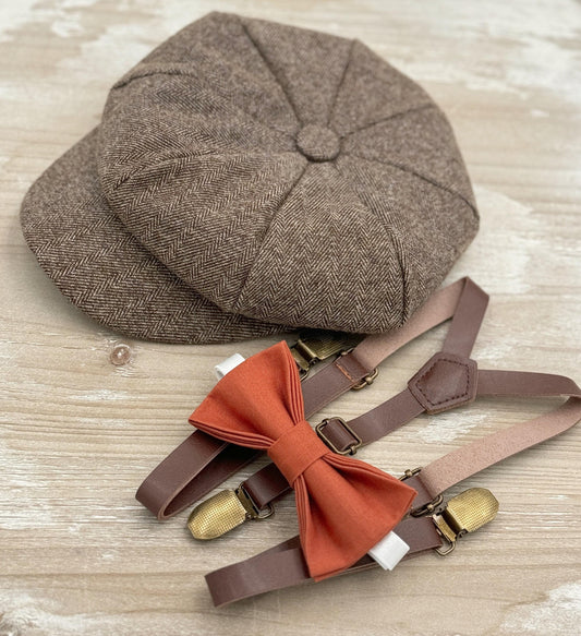 Tweed Newsboy Cap | Skinny Leather Suspenders | Paprika Bow Tie | Sienna Bow | Ring Bearer Outfit | Cake Smash Outfit | Wedding Set