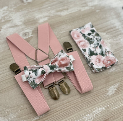 Floral Bow Tie & Dusty Pink Suspenders – All Sizes Baby to Adult, Ring Bearer Outfit, Boho Wedding Set, Groomsman Gift, Pocket Square