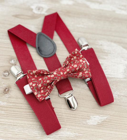 Floral Red Bow tie & Suspenders | Vintage Bowtie | Ring Bearer Outfit | Boho Rustic Wedding | Cottage Chic Outfit