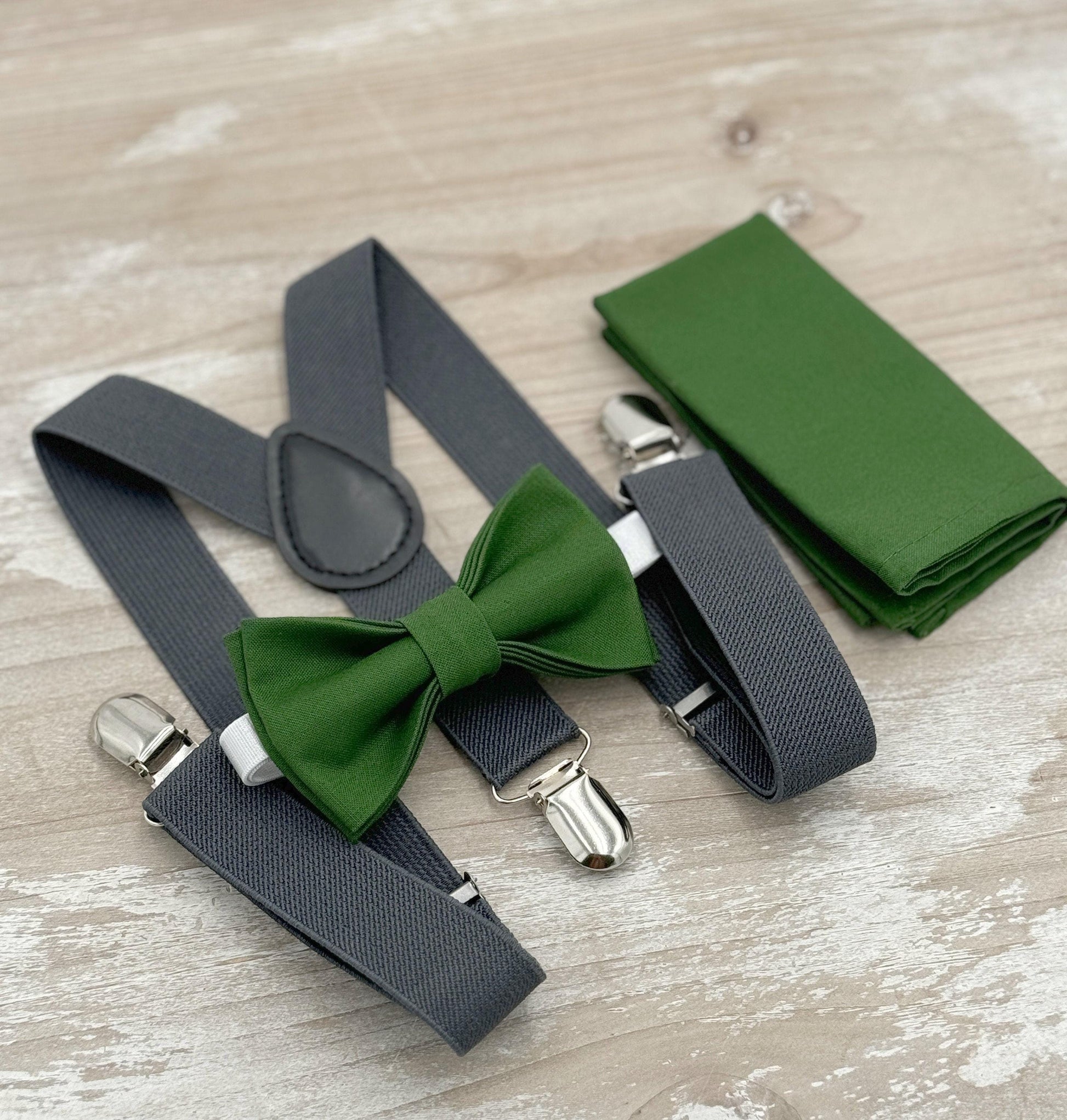 Juniper Bow tie & Charcoal Suspenders | Pocket Square | Ring Bearer Outfit | Boho Rustic Wedding Outfit | Groomsman Gift | Dark Gray Braces