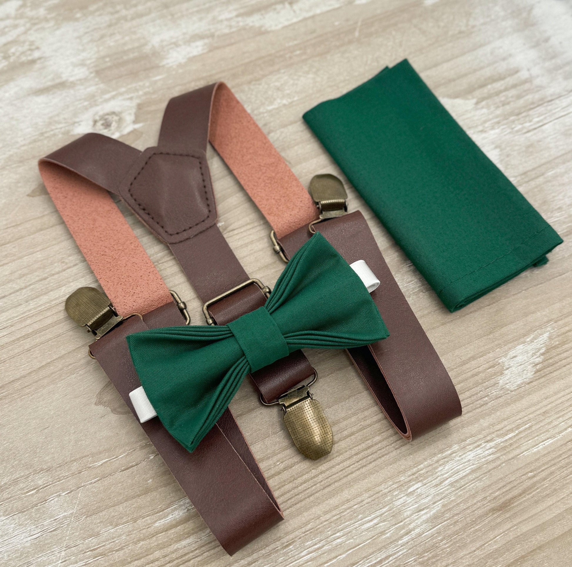 Juniper Bow tie & Suspenders | Vegan Leather Braces | Emerald Green Bow | Pocket Square | Ring Bearer Outfit | Boho Rustic Wedding